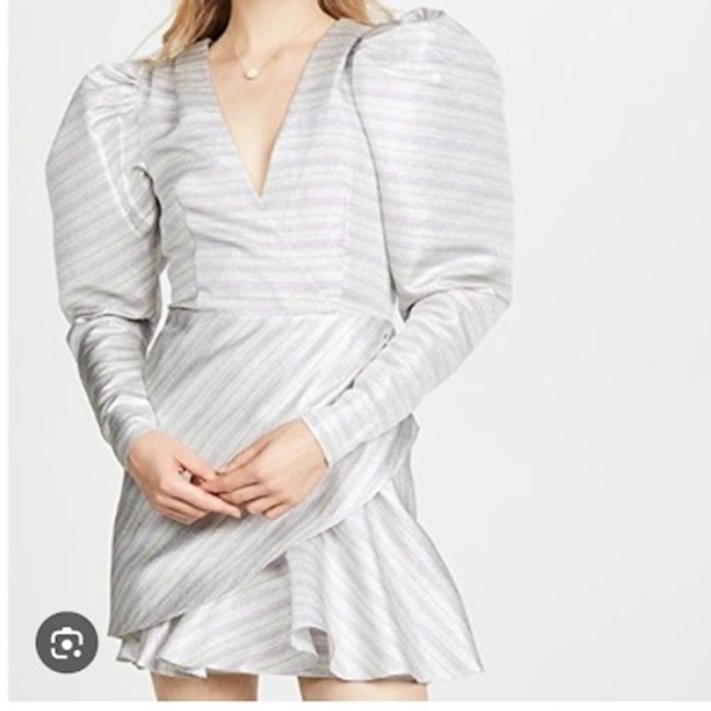 Rotate Metallic Striped Mini Dress Puff Sleeve V Neck Party Cocktail Size 38 New